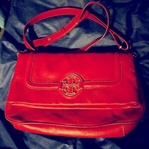 Tory Burch Large Red Leather Fold Over Shoulder Bag with Gold Hardware